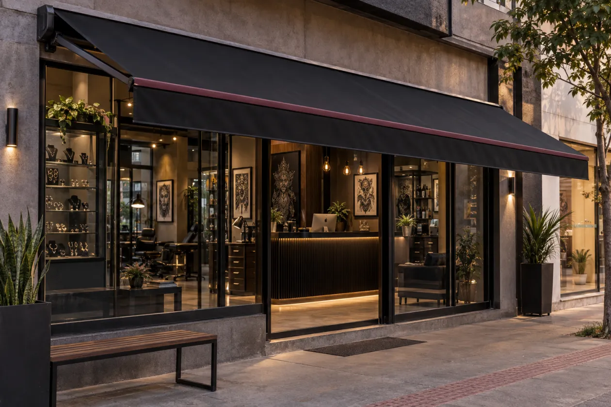 Toldo para Estúdio de Tatuagem e Piercing Fachada Toldos Decor Home 2026