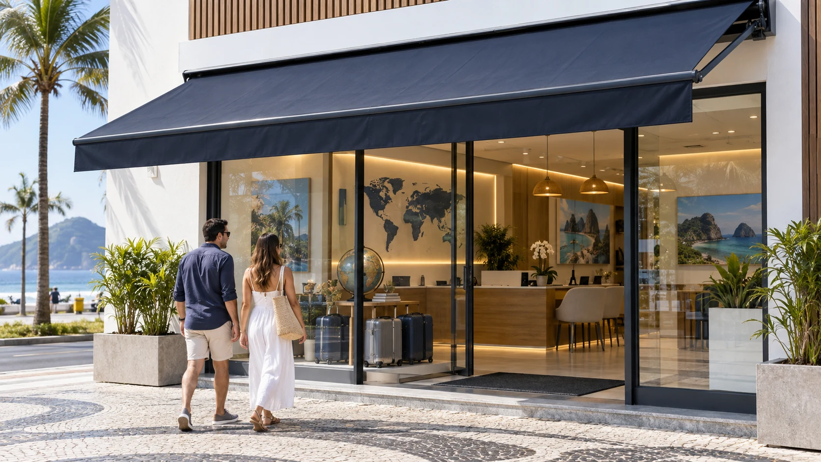 Toldo articulado em agência de viagens e turismo