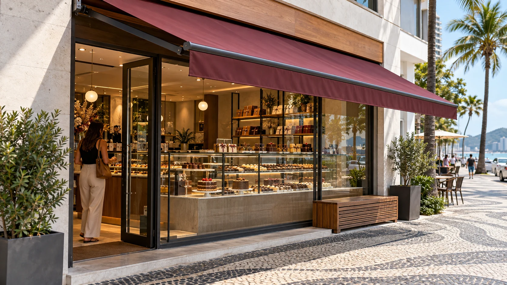 Toldo retrátil em doceria e chocolateria na Baixada Santista