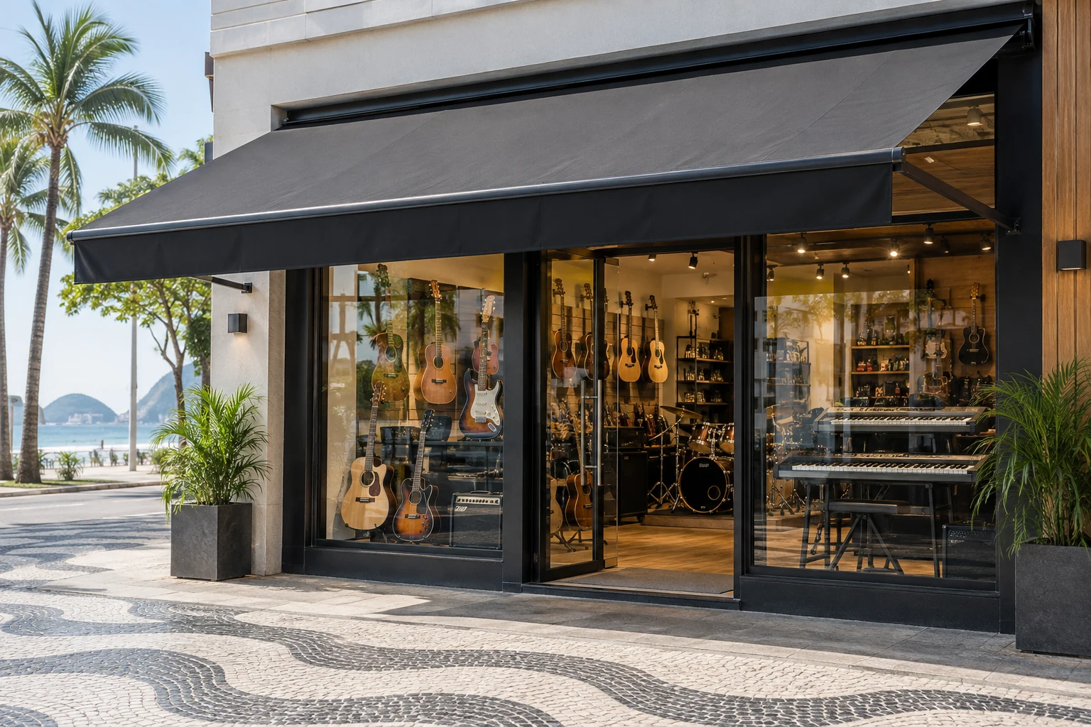 Toldo articulado em loja de instrumentos musicais