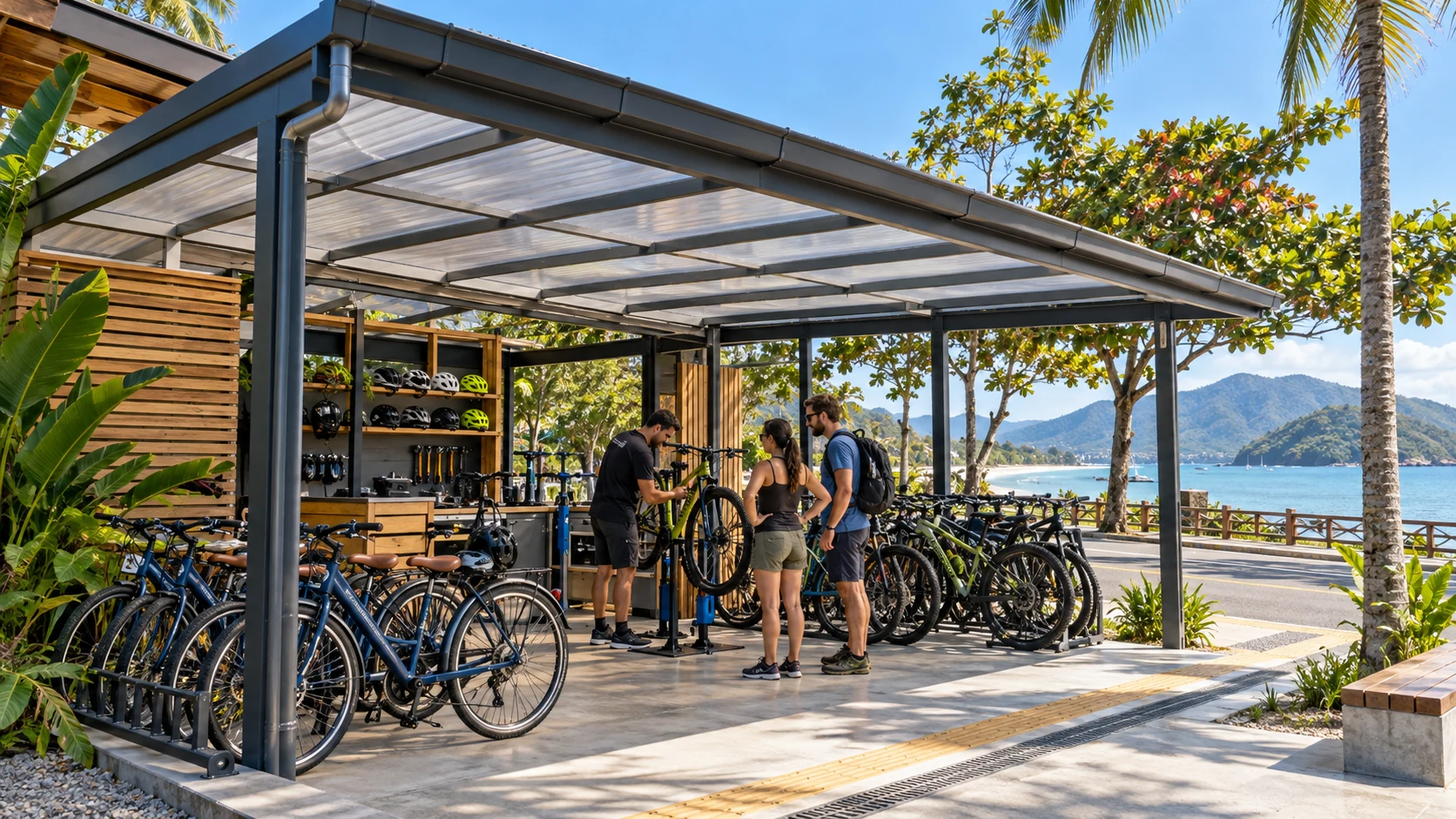 Cobertura moderna em base de aluguel de bicicletas no Litoral Norte de São Paulo