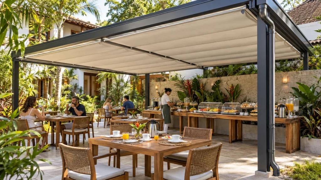 Cobertura retrátil sobre área de café da manhã de pousada no Litoral Norte de São Paulo