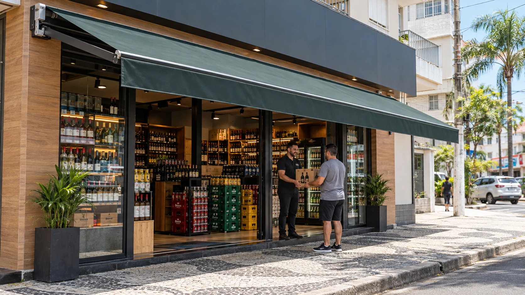 Toldo retrátil em adega e distribuidora de bebidas na Baixada Santista