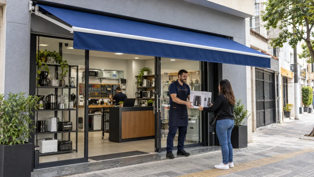 Toldo para Assistência Técnica de Eletrodomésticos em São Paulo Toldo retrátil na entrada de assistência técnica de eletrodomésticos em São Paulo