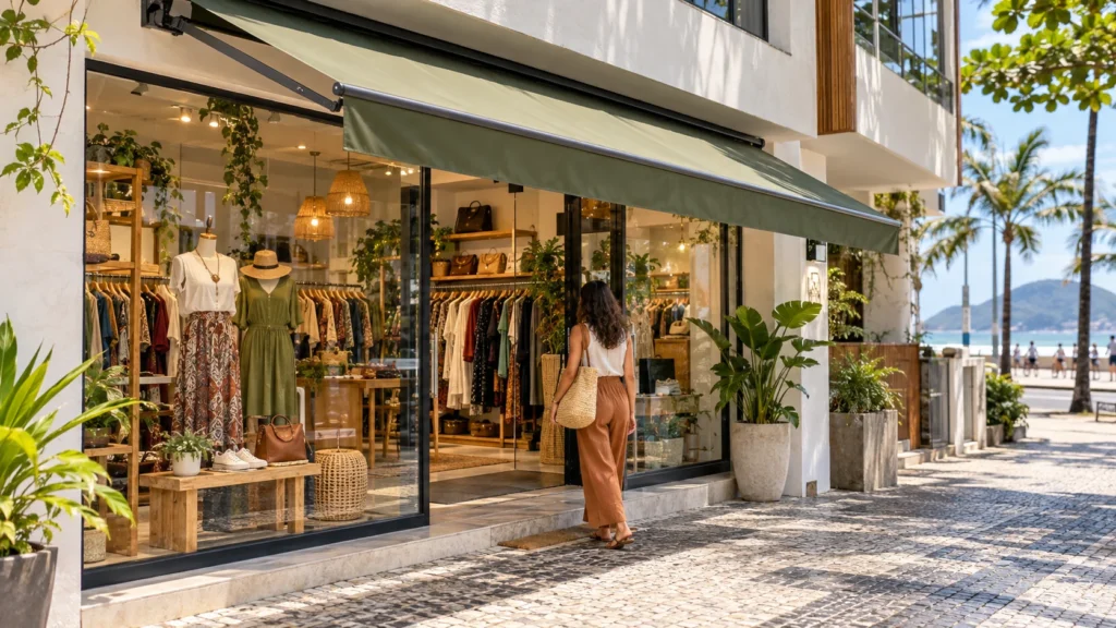 Toldo para Brechó na Baixada Santista Toldo retrátil em brechó e loja de moda circular na Baixada Santista