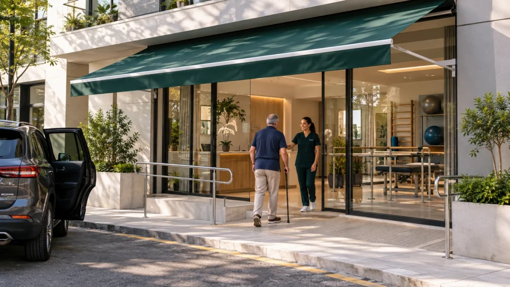 Toldo retrátil na entrada acessível de clínica de fisioterapia em São Paulo