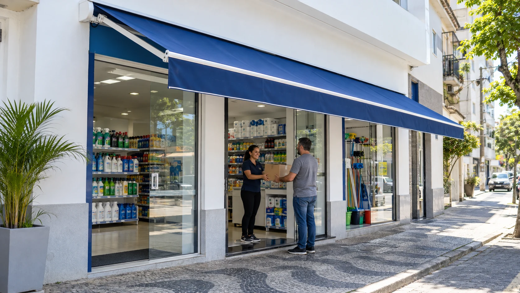 Toldo retrátil em loja de produtos de limpeza na Baixada Santista